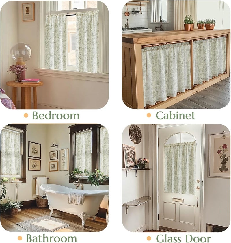 jinchan Floral Kitchen Curtains for Windows 36 Inch Linen Tier Farmhouse Cafe Curtains Country Botanic Small Window Rod Pocket Rustic Flax for Laundry Bathroom RV 2 Panels Sage Green on Beige - Image 5
